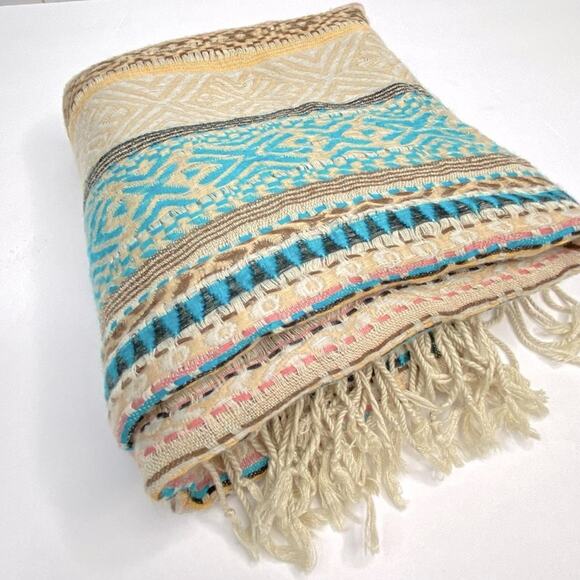 Bohemian Wrap Scarf Woven Striped Fringed Aztec Geometric Beige Blue Pink - Picture 7 of 14